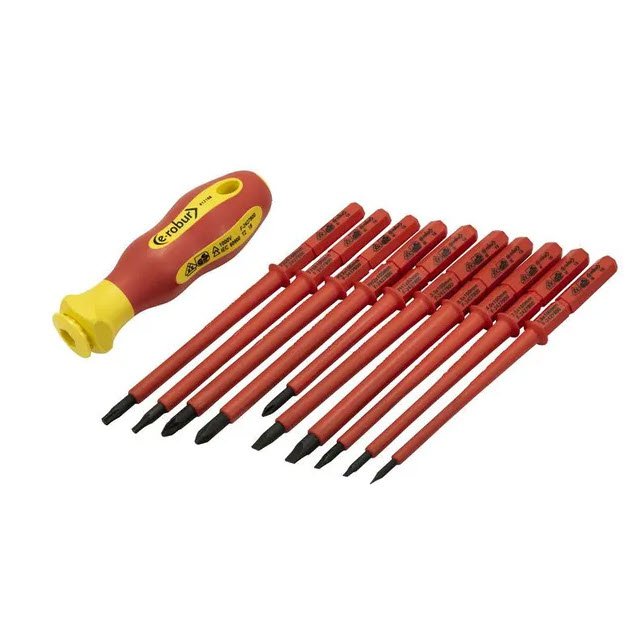 Photo Trousse tournevis lame interchangeable isolé 1000V. 10 lames plat 3-3,5-4-5,5-6,5, PH1-2, PZ2, Torx T15-20. Blocage et déverrouillage rapide des lames. | Ref : 412108