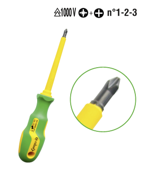 Photo Tournevis cruciforme multi-empreinte isol 1000V. Manche bimatire. Pour vis PZ et PH 1-2-3, un seul tournevis pour 6 tailles d'empreintes. | Ref : 412101