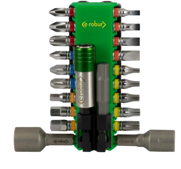 Photo Composition de 18 embouts de 25 mm assortis, 4 plats 3-4-5-6mm, PH1-2-3, PZ1-2-3, Hexa 4-5-6mm, Torx T10-15-20-25-30, douilles 8-10mm et porte embouts. | Ref : 084368