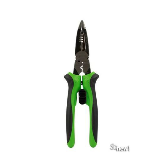 Photo Pince multifonction pour lectricien. Manches bimatire, ressort d'ouverture et loquet de blocage. Fonctions prhension, coupe cble 10 mm, sertit et dnude 0,75-1,0-1,5-2,5-4,0 mm, coupe fil acier 1,6 mm, coupe tige filete M3-M4. | Ref : 411145