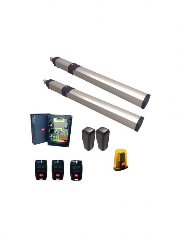Photo Kit pro 24V pour portail battant jusqu\' 300kg et 2 m de longueur. Usage trs intensif. Compos de: 2 moteurs.1 armoire de commande THALIA P. 1 paire de photocellules THEA. 2 metteurs MITTO COOL 4. Prvoir Patte SFR B x2 units | Ref : R935338-00001