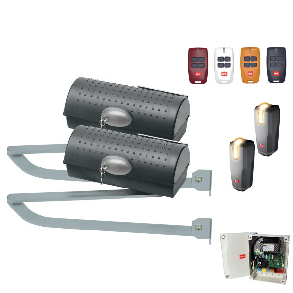 Photo Kit pro Fra. 230 V pour portail battant jusqu\' 250 kg et 2.5 m de longueur. Compos de: 2 moteurs. 1 centrale Rigel 6. 1 paire de photocellules THEA. 4 metteurs MITTO COOL . | Ref : R935221-00005