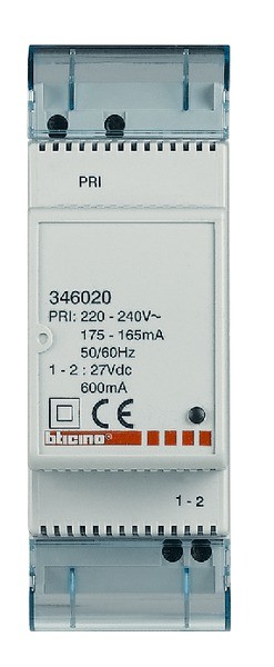 Photo Bticino - Alimentation modulaire supplémentaire BUS 220V~ à 240V~ 27V= 600mA - 2 modules | Ref : 346020