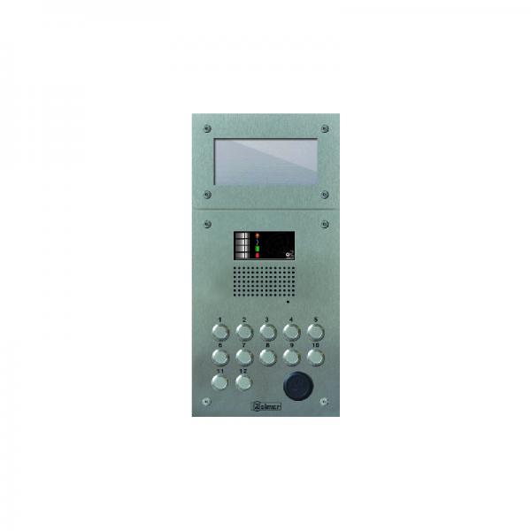 Photo Platine en inox (316L) 2.5 mm pr-perce canon PTT ou VIGIK - 12 boutons faible course avec bute mtallique - Tableau porte-noms indpendant (polycarbonate 6 mm) | Ref : UAE6212