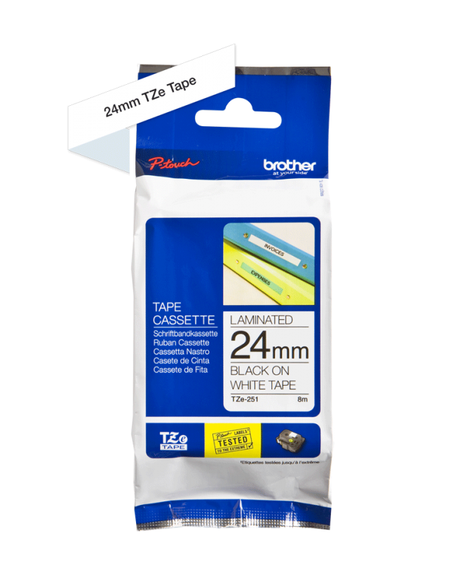 Photo RUBAN 24MM NOIR SUR FOND BLANC LAMINE 8M | Ref : TZE251