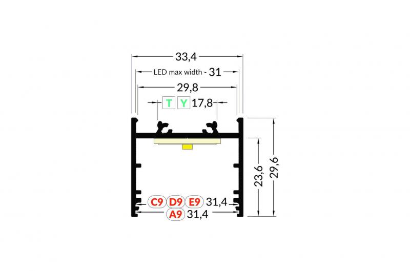 Vignette 3 produit Ref : PR2030-02-D9-GRIS-SP | PROFILE ALU 1CMT ANODISE L.33.4 CAPOT ARRONDI DEPOLI