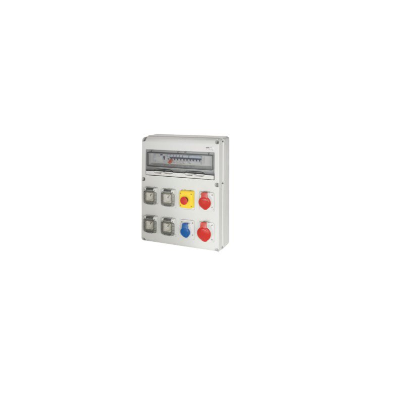 Photo COFFRET D'ALIMENTATION PROVISOIRE TRI+NEUTRE - Q-DIN 20 - 4P 63A - 40 KVA - 4 PC 2P+T 230V 16A + 1 PC 2P+T 230V 16A IEC + 1 PC 3P+N+T 400V 16A IEC + 1 PC 3P+N+T 400V 32A IEC - DIFF. G�N�RAL 30MA - COUP DE POING D'ARR�T D'URGENCE - IP44 | Ref : FR60239N