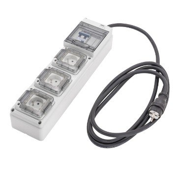 Photo COFFRET D'ALIMENTATION PROVISOIRE MONO - Q-DIN 5 - 2P 16A - 3,5 KVA - 3 PC 2P+T 230V 16A - DIFF. G�N�RAL 30MA - 3M C�BLE H07 3X2,5 MM� ET FICHE MOBILE - IP65 | Ref : FR60151N