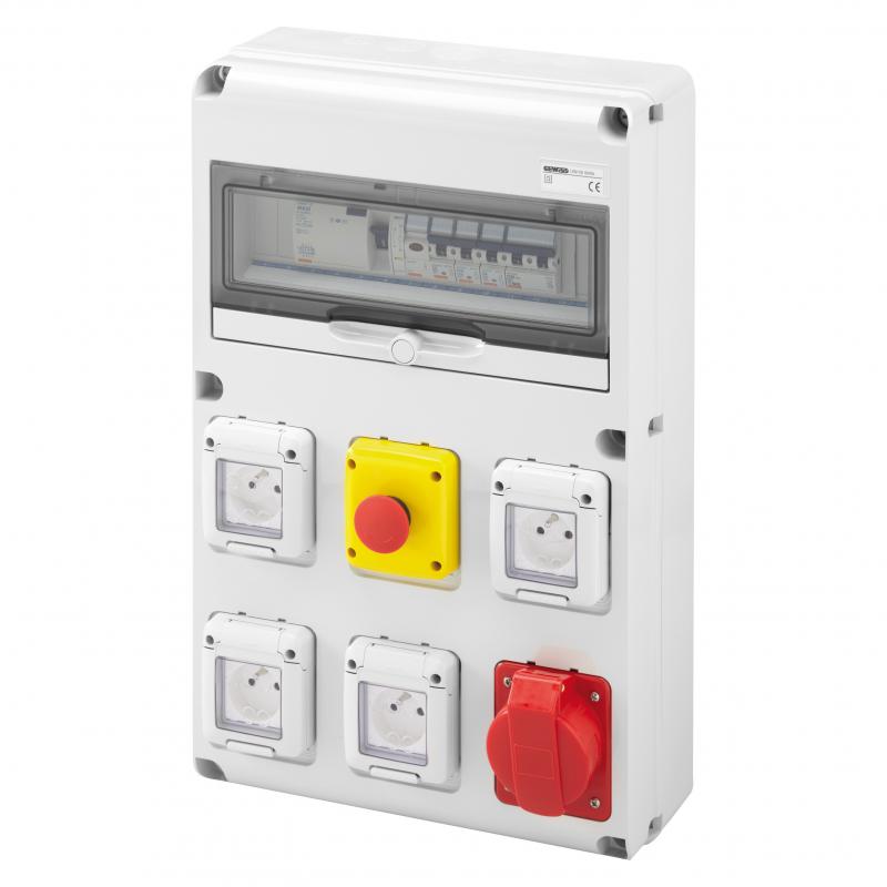 Photo COFFRET D'ALIMENTATION PROVISOIRE TRI+NEUTRE - Q-DIN 14 - 4P 40A - 26 KVA - 4 PC 2P+T 230V 16A + 1 PC 3P+N+T 400V 32A IEC - DIFF. G�N�RAL 30MA - COUP DE POING D'ARR�T D'URGENCE - IP44 | Ref : FR60155N