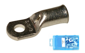 Photo Cosse tubulaire droite en cuivre étamée par électrolyse de section 35mm² - bornage M8. avec trou d'inspection. pour le raccordement de câble cuivre BT classe 2 : 35mm²; classe 5 : 35mm². Conditionné en boite plastique de 15 pièces. | Ref : BCNF35-8