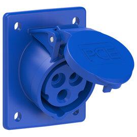 Photo Prise 3 poles 16A encastre plastron 70x85mm IP44 connexion auto 240VAC bleu 6h | Ref : 413-6TT      