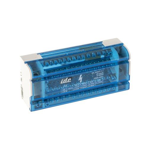 Photo Rpartiteur ttrapolaire 125A. Terminaux par barre: 1 entre - 14 sorties. Montage sur rail DIN. protection: cran transparent | Ref : 48723