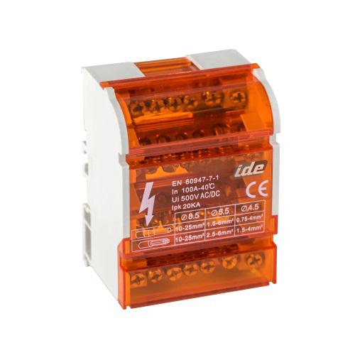 Photo Rpartiteur ttrapolaire 100A. Terminaux par barre: 1 entre - 6 sorties. Montage sur rail DIN. protection: cran transparent | Ref : 48727
