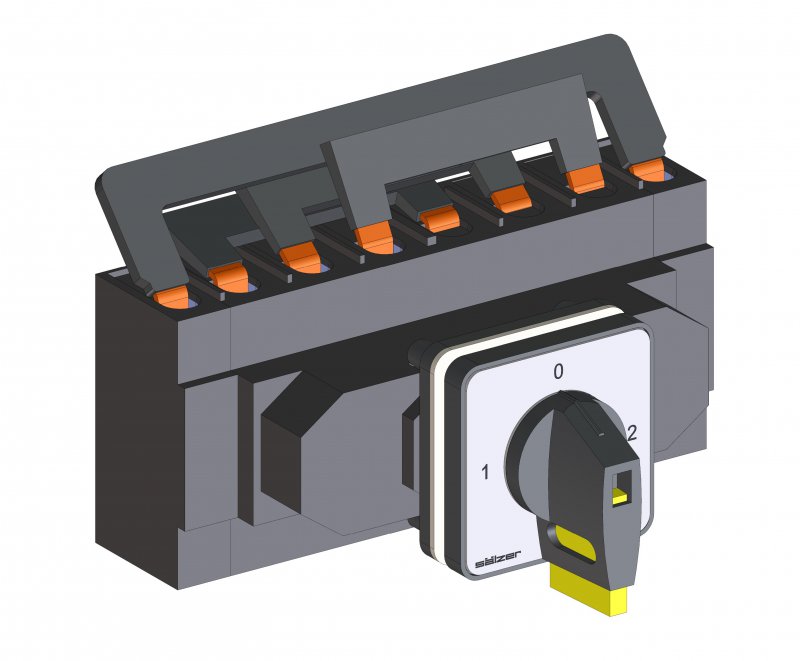 Photo Inverseur de source 63A 4 ples  encastrer. Poigne noire 3 positions cadenassable plastron 48x48mm | Ref : H406-71500-003V1