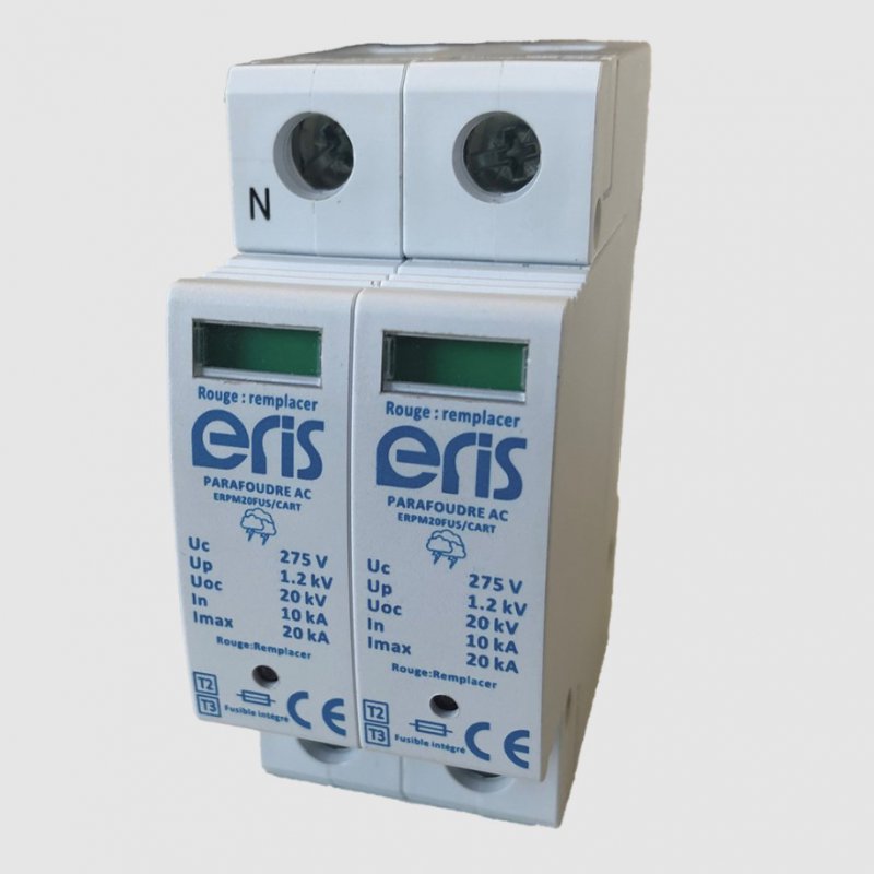 Photo Parafoudre mono Imax 20KA avec déconnecteur fusible intégré 2 modules | Ref : ERPM20FUS
