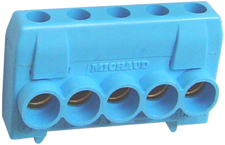 Photo Bornier de connexions de neutre. 5 entres/sorties pouvant accueillir des cbles de section 6  25. Couleur bleue. | Ref : B5E/N        
