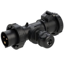 Photo Prise en T 3 pôles 16A 6h 230V noire IP67 arivée PE pour câble | Ref : 94326000