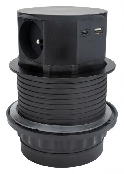 Photo Bloc 3 prises avec USB-A + C escamotable diamtre 100mm noir mat | Ref : BPE60114