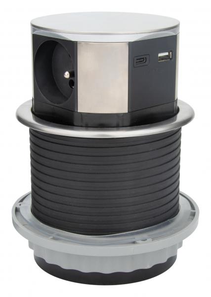 Photo Bloc de 3 prises 2P+T 16A escamotable quip de 1 prise USB A et 1 USB C. Alimentation: cble de 1.5 mtres en 3G1.5mm2. Diamtre d\'encastrement 100mm. Finition noir et chrome | Ref : BPE60115