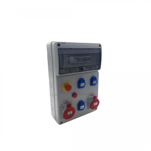 Photo Coffret de chantier �quip� de 2 prises 4 p�les 32A 400V IP54 6h et de 3 prises 2P+T 16A NF IP54. Inter Diff 4 p�les 63A 30mA avec bobine � �mission pour l\'arr�t d\'urgence. Protections: 1 disjoncteur 3 p�les 32A 6kA et 1 Ph/N 16A 4.5kA | Ref : C6.2432.316F