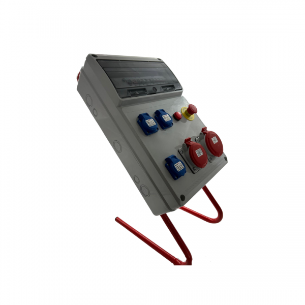 Photo Coffret de chantier mobile sur pied mtallique avec bouton arrt d\'urgence mont cabl. Equip de 3 prises NF 2P+T 16A IP54. 1 prise 5 ples 16A 400V IP54 6h. et 1 prise 5 ples 32A 400V IP54 6h et d\'un voyat sous tension. Protection Innt | Ref : P6.1516.1532.316F