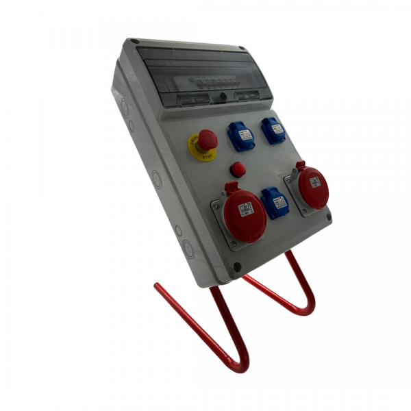 Photo Coffret de chantier quip 2 prises 32A 5 ples 400V h IP54 3 prises 2P+T 16A NF. 1 Inter Diff. 4 ples 63A 30mA avec une bobine  mission pour bouton arrt d\'urgence.. Voyant prsence tension et support mtallique mont. Protections: 1 d | Ref : P6.2532.316F