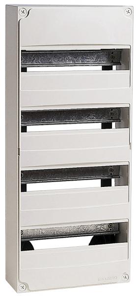 Photo Tableau de rpartition 4 ranges. 52 modules. IP 30. Equip d'un chssis de montage. 1 capot de protection. 1 bornier de terre  connexion automatique. 4 obturateurs 6.5 modules. 1 planche de pictogrammes. | Ref : Q340