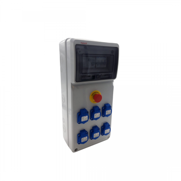 Photo Coffret arrive ttra inter diffrentiel 4 ples 40A 30mA quip de 6 prises 2P+T 16A NF IP54 avec arrt d\'urgence. Protection: 3 disjoncteurs Ph/N 16A 4.5kA. Option: poigne reference 158502. support mtallique PIED/C4C6 | Ref : S4.616F