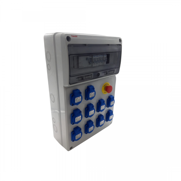 Photo Coffret arrive ttra inter diffrentiel 4 ples 40A 30mA quip de 10 prises 2P+T 16A NF IP54 avec arrt d\'urgence. Protection: 5 disjoncteurs Ph/N 16A 4.5kA. Option: poigne reference 158502. support mtallique PIED/C4C6 | Ref : S6.1016F