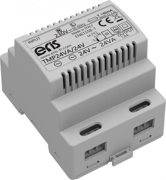 Photo Transformateur modulaire .24VA pour usage permanent. Entre 230VAC. Sortie 24VAC 1A 4 modules. Classe d'isolation II | Ref : TMP24VA/24V