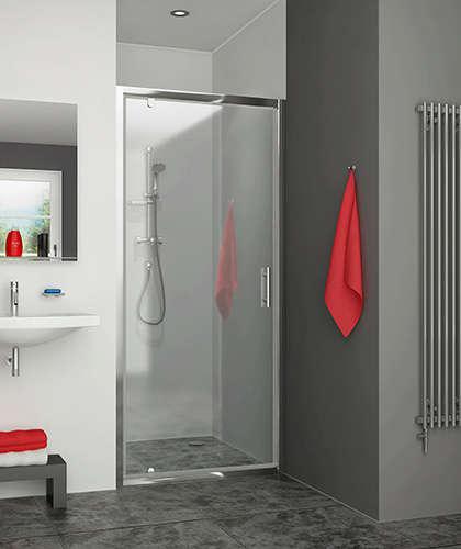 Photo Porte pivotante, pivots excentrs, Srie EQUI, EIPIV07019VPE, largeur 700 mm, hauteur 1900 mm, Argent poli, Verre clair trait anticalcaire | Ref : 1406000005