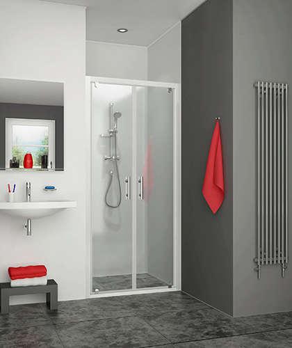 Photo Porte  2 battants, Srie EQUI, EI2BT100192PE, largeur 1000 mm, hauteur 1900 mm, Blanc, Verre clair trait anticalcaire | Ref : 1406000020