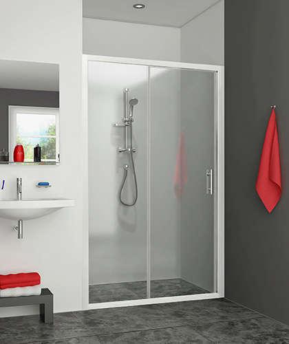 Photo Porte coulissante grande largeur 2 lments (1 coulissant et 1 fixe), Srie EQUI, EICL2100192PE, largeur 1000 mm, hauteur 1900 mm, Blanc, Verre clair trait anticalcaire | Ref : 1406000033