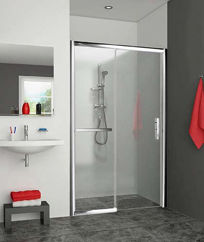 Photo Porte coulissante grande largeur 2 lments (1 coulissant et 1 fixe  droite), Srie EQUI, EID2R12020VPE, largeur 1200 mm, hauteur 2000 mm, Argent poli, Verre clair trait anticalcaire | Ref : 1406000175