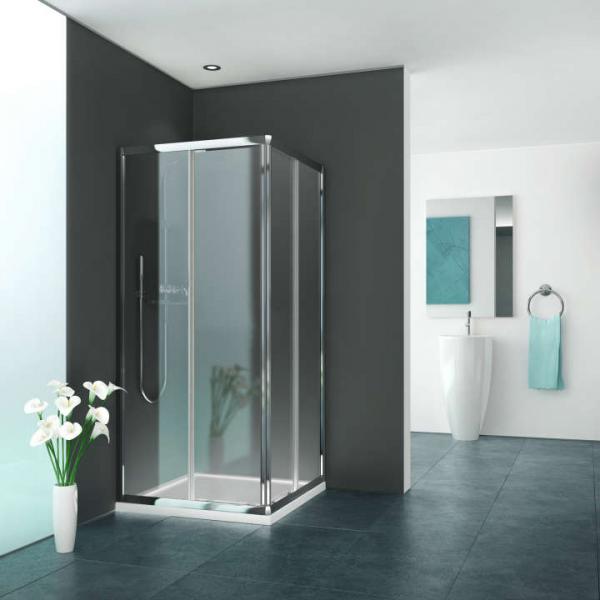Photo Ensemble d'angle coulissant - profils poignes, EIPGN09019VPE, Srie EQUI, largeur 900 mm, hauteur 1900 mm, profil Argent POLI, Verre clair trait anticalcaire | Ref : 1406001002