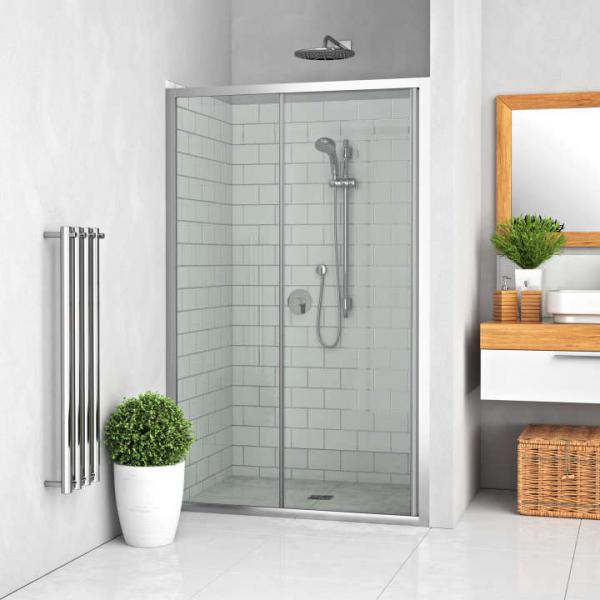 Photo Porte coulissante grande largeur 2 lments avec profil poignes, Srie EQUI, EICLP16019VPE, largeur 1600 mm, hauteur 1900 mm, Profil Argent POLI, Verre clair trait anticalcaire | Ref : 1406001174