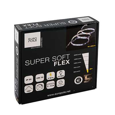 Vignette 3 produit Ref : 42001 | Pack bandeaux led SUPER SOFT FLEX IP20, 4000K 384lm/m (5W/m), 60 Led/m. Longueur 3m. 12VDC. Section possible tous les 50mm. Installation sur profil aluminium impérative. Alimentation incluse.