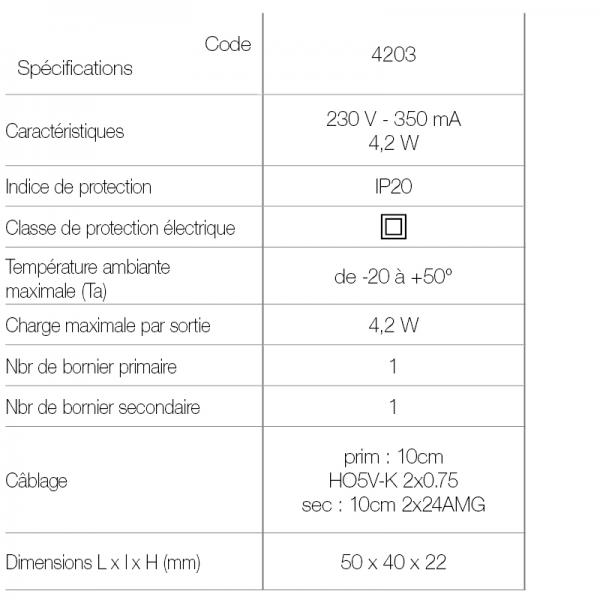 Vignette 3 produit Ref : 4203 | Convertisseur lectronique 3 W. Eclairage LED intensit constante 350mA IP20. Non-dimmable. Dimensions : 50 x 40 x 22 mm