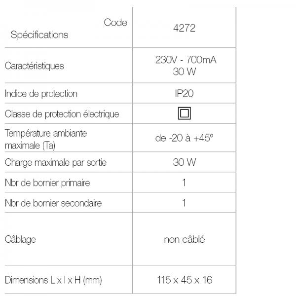 Vignette 3 produit Ref : 4272 | Convertisseur électronique 30 W. Eclairage LED intensité constante 700mA IP20. Non-dimmable. Dimensions : 115 x 45 x 16 mm