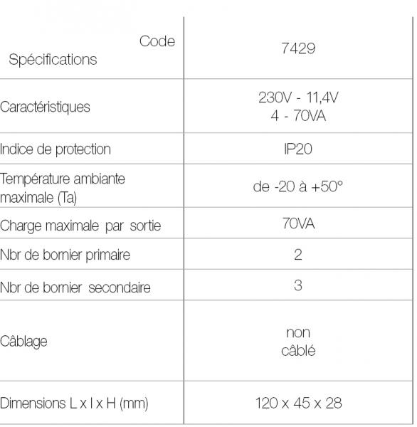 Vignette 3 produit Ref : 7429 | Transformateur électronique 4-70 VA. Eclairage LED / halogène 12V IP20. Dimmable début et fin de phase. Non câblé. Dimensions : 120 x 45 x 28 mm
