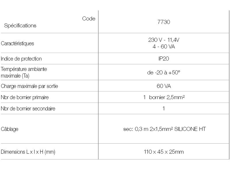 Vignette 3 produit Ref : 7730 | Transformateur lectronique 4-60 VA. Eclairage LED / halogne 12V IP20. Dimmable dbut et fin de phase. Cbl au secondaire :  0,3m 2x1,5mm SILICONE HT. Dimensions : 110 x 45 x 25 mm