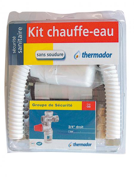 Photo Blister accessoires chauffe-eau comprenant groupe de scurit 3/4&quot; Thermador-Caleffi NF, siphon NF, 2 flexibles inox et vacuation PVC, | Ref : BKCE         