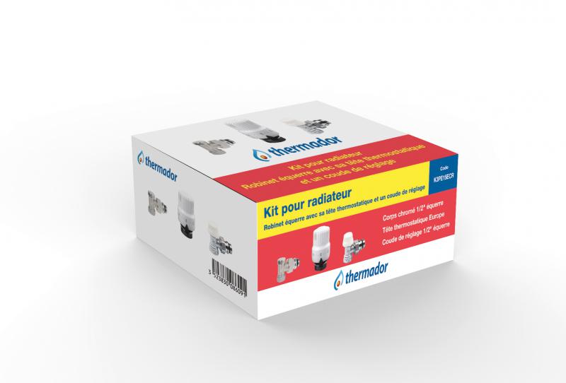 Photo Kit équerre 3 pièces pour radiateur, robinet avec tête thermostatique, 3/8", coude ou té de réglage avec douille auto-étanche | Ref : K3PE12ECR