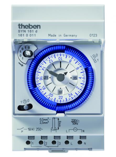 Photo SYN 161 D - Interrupteur horaire mécanique modulaire. 3 Modules. Tension 230V sans réserve de marche. Programme 24 h. 1 contact inverseur 16A. Minimum de programmation 15 min. | Ref : 1610011