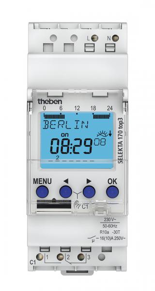 Photo SELEKTA 170 TOP3 - Inter horaire digital astronomique à programme 24 h / 7jrs. Tension 230V. Réserve de mémoire. 1 contact renforcé 16A. Temp de fonction -30-+55° avec compensation thermique. Programmation possible par Bluetooth via carte 9 | Ref : 1700130