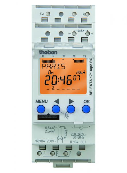 Photo SELEKTA 171 TOP2 RC 12V 24V - Interrupteur horaire digital astronomique à programme 24 h / 7jrs. Tension 12-24V. Réserve de mémoire. 1 contact renforcé 16A. Temp. de fonctionnement -30-+55° + compensation thermique. Radio DCF77 | Ref : 1714100