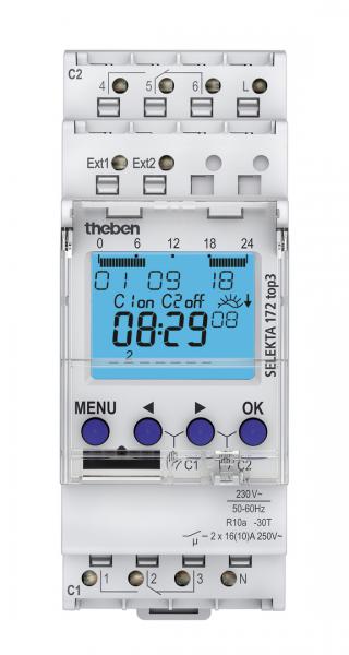 Photo SELEKTA 172 TOP3 - Interrupteur horaire digital astronomique  programme 24 h / 7jrs. Tension 230V. Rserve de mmoire. 2 contacts renforcs 16A. Temprature de fonctionnement -30-+55 avec compensation thermique. | Ref : 1720130