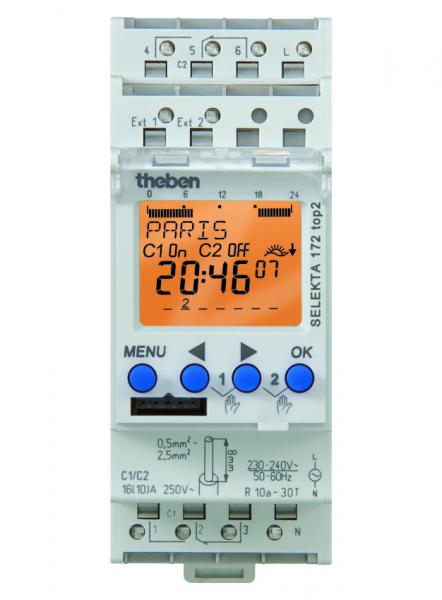 Photo SELEKTA 172 TOP2  12V 24V - Interrupteur horaire digital astronomique  programme 24 h / 7jrs. Tension 12. R  24V UC. Rserve de mmoire. 2 contacts renforcs 16A. Temprature de fonctionnement -30-+55 avec compensation thermique. | Ref : 1724100