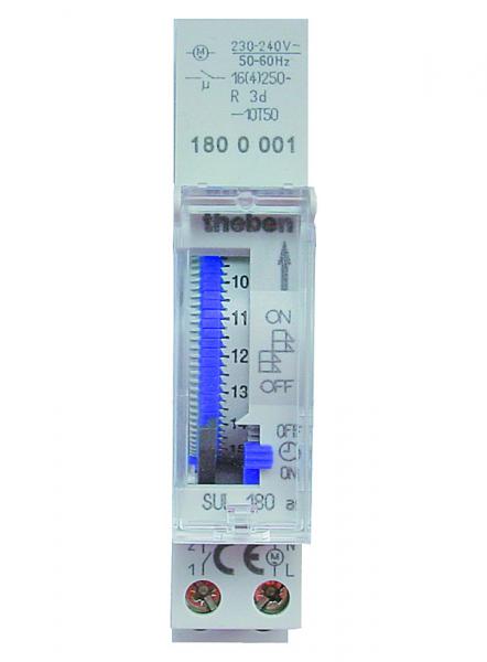 Photo SUL 180 A - Interrupteur horaire mcanique modulaire. 1 Module. Tension 230V avec rserve de marche. Programme 24 h. 1 contact NO 16A. Minimum de programmation 15 min. | Ref : 1800001