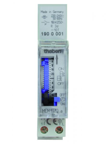 Photo MEM 190 A - Interrupteur horaire mcanique modulaire. 1 Module. Tension 230V avec rserve de marche. Programme 7 jrs. 1 contact NO 16A. Minimum de programmation 2h. | Ref : 1900001